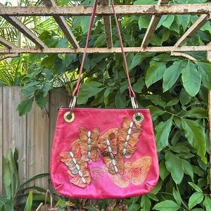 Vintage Made in Argentina embossed leather poppy color butterfly shoulder bag